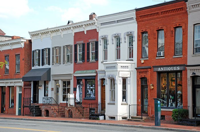 Row of brick buildings and storefronts